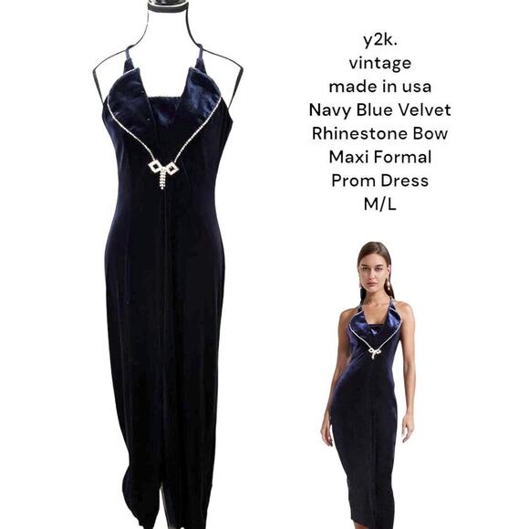 y2k vintage Navy Blue‎ Velvet Rhinestone Bow Formal Prom Maxi Dress M/L - Picture 1 of 8